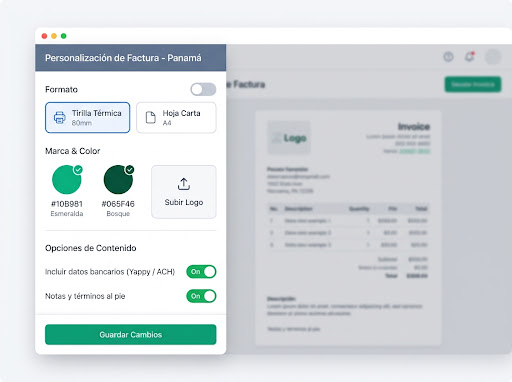 Panel de configuración de diseño de facturas teFacturo.app